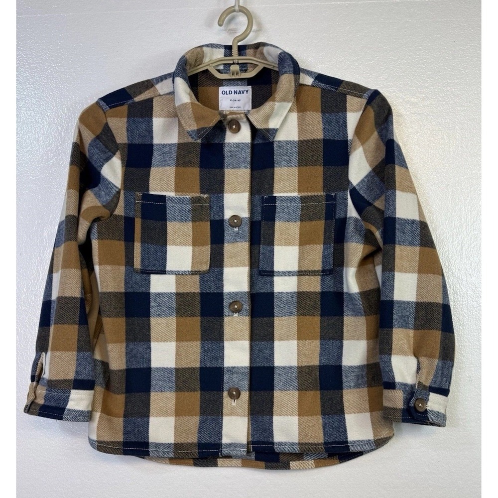 Old Navy Boys Blue Plaid Flannel Button Up Shirt XL 14/16 Long Sleeve Cotton